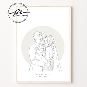Custom wedding portrait  from photo , custom line drawing , minimal art   illustration
