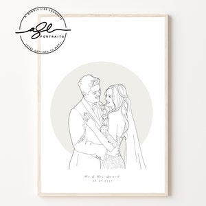 Aangepaste bruiloft portret van foto, aangepaste lijntekening, minimale kunstillustratie