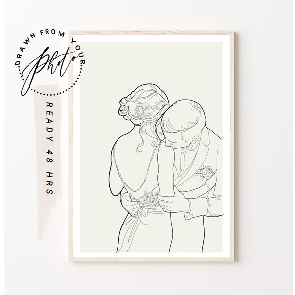 RETRATO DE BODA ENMARCADO a partir de una foto - Ilustración de pareja personalizada - Ilustración de boda personalizada - Dibujo de arte lineal imprimible - Regalo de boda