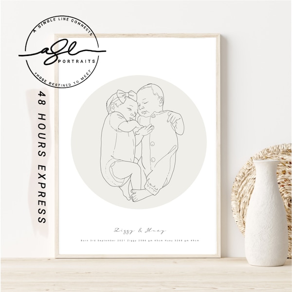 TWINS  BIRTH POSTER _Digital Baby Portrait  of your babies in a single line -Printable birth print