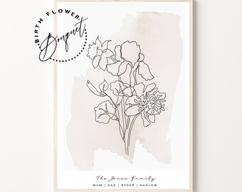 CUSTOM BIRTH FLOWER Blumenstrauß für 4 Personen | digital Geburtsmonat Blume Linie Kunst | Muttertag Geschenk