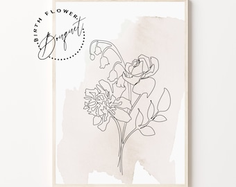 CUSTOM GEBURT 3 Blumenstrauß | digital Geburtsmonat Blume Linie Kunst | Muttertag Geschenk