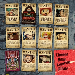 May include: A collage of wanted posters featuring characters from the anime One Piece. Each poster has a character's name, bounty, and the words "Dead or Alive".