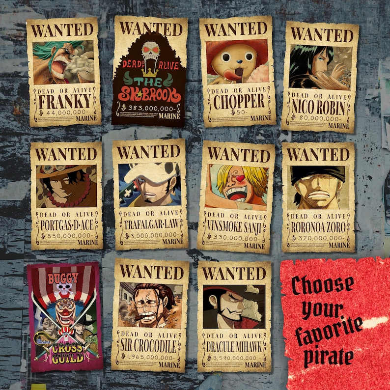 May include: A collage of wanted posters featuring characters from the anime One Piece. Each poster has a character's name, bounty, and the words "Dead or Alive".