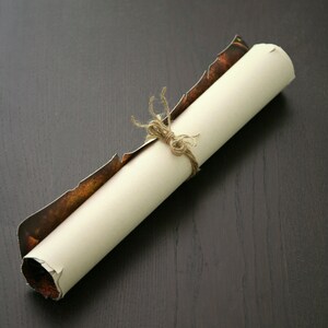 Pu&ograve; includere: Un rotolo di pergamena arrotolato con un esterno di carta marrone e un interno bianco. Il rotolo &egrave; legato con un pezzo di spago.