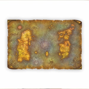 Pu&ograve; includere: Una mappa in stile vintage del mondo immaginario di Azeroth, che presenta i continenti di Kalimdor e dei Regni Orientali. La mappa &egrave; disegnata su carta pergamena con un aspetto sbiadito e invecchiato.