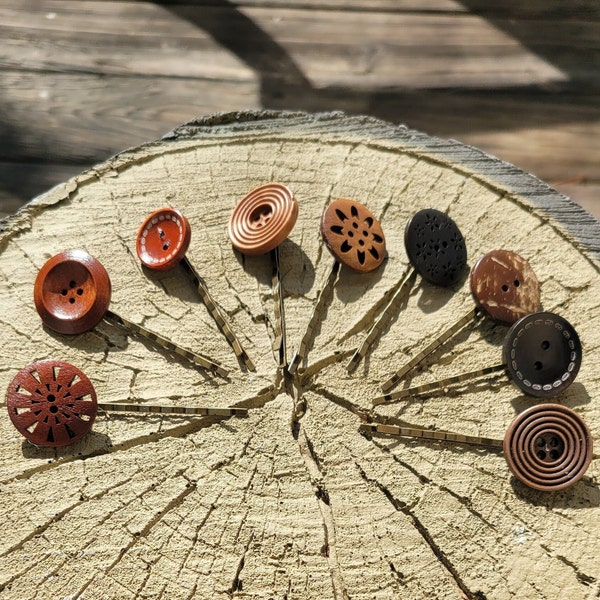 Wood Bobby Pins, (Set of 4), Mixed, 20mm, 25mm and 50mm buttons, 2 inch bronze bobby pin, brown buttons, decorative buttons