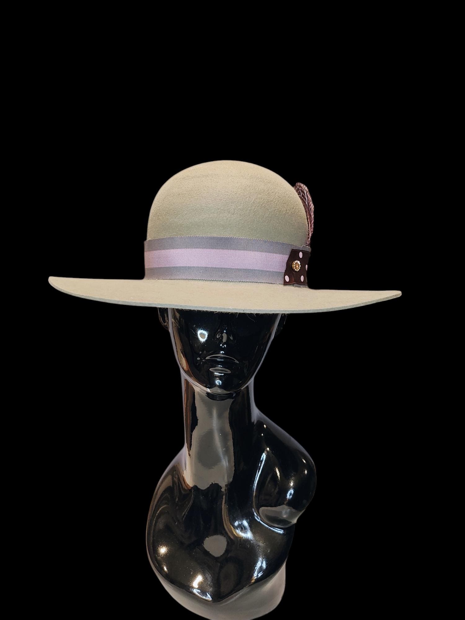 Grey Felt Fedora Hat with Lilac Ribbon & Feather - Satin Lined (22-1/2")