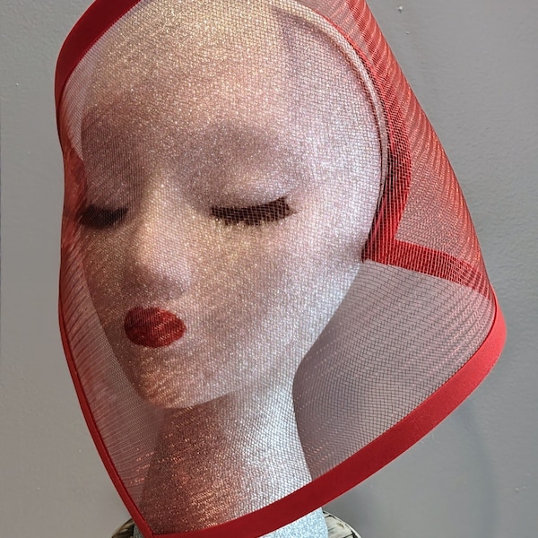 Face Fascinator in Red by Tossed Hat, Satin Headband, Birdcage Veil,  For photoshoot, Cocktail Hat, Mourning Veil