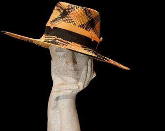 Navy and Peach Plaid Panama Straw Hat