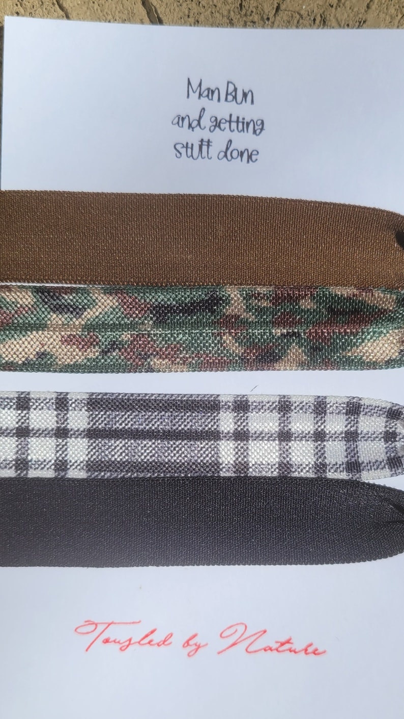 Dude Hair Ties, Man Hair Ties, Set of 4 1 Bonus, Black, Brown, Army Fatigue, Plaid, Gift for Men, Man Bun and Getting Stuff Done Solid/Pattern Set