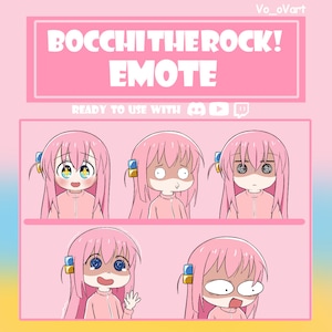 Può includere: Cinque emoji animati che mostrano un personaggio anime con i capelli rosa con diverse espressioni facciali. Gli emoji sono etichettati "Bocchi the Rock! Emote" e "Pronto per l'uso con Discord, YouTube, Twitch".