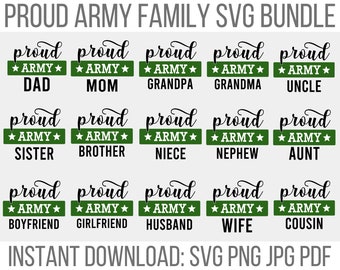 Könnte beinhalten: Ein Satz von 15 SVG-Dateien mit dem Text "Proud Army" und verschiedenen Familienmitgliedstiteln wie "Vater", "Mutter", "Schwester", "Bruder", "Nichte", "Neffe", "Tante", "Freund", "Freundin", "Ehemann", "Ehefrau" und "Cousin". Der Text ist in einem grün-schwarzen Farbschema mit einem Sternmuster.