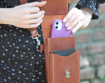 Leather Cell Phone Crossbody Bag: Minimalist Brown Fanny Pack, Personalized Gift