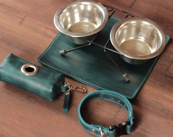 Dog Leather Set Pet Collars And Jewelry Green Dog Collar Leather Bowl Holder Dog Poop Bag Holder Bowl Stands Gift for Dog Owners