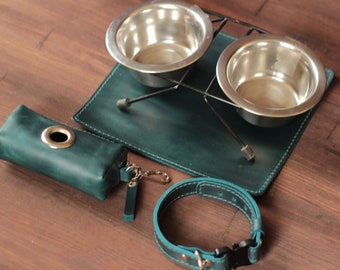 Ensemble en cuir pour chien, colliers et bijoux pour animaux de compagnie, collier vert pour chien, porte-bol en cuir, porte-sac pour caca de chien, support pour bol, cadeau pour les propriétaires de chien