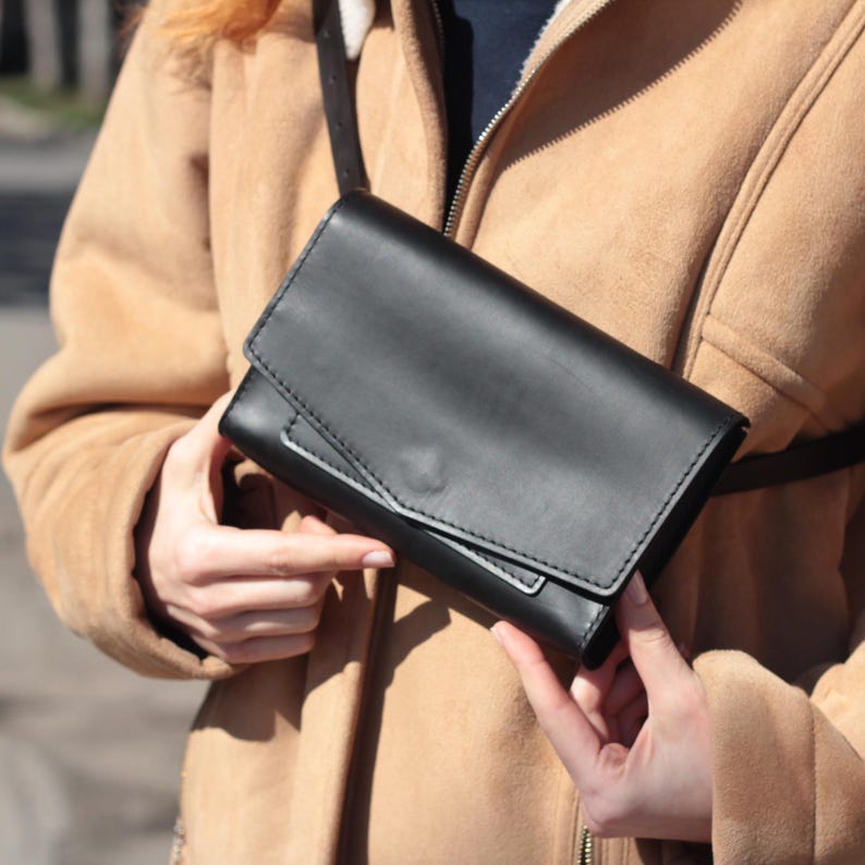 Black Leather Belt Bag: Handmade Minimalist Fanny Pack Wallet Black