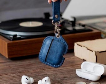 Blue Leather AirPod Case: AirPods 1 2 3 4 Pro Cover, Keychain AirPods Holder
