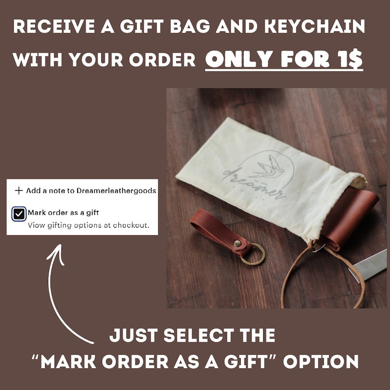 May include: A leather keychain and a small leather wallet are next to a drawstring bag with a bird logo. The bag is open, revealing the wallet inside. The text on the image says "Receive a gift bag and keychain with your order."