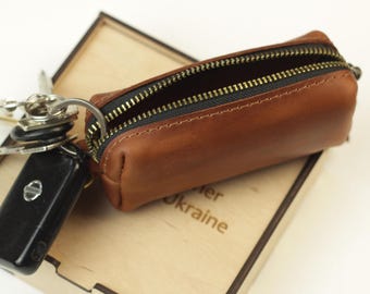 Leather Keychain Wallet: Zipper Pouch Key Holder with Carabiner