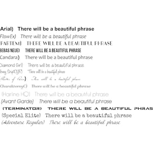 May include: A white background displays text samples in various fonts. Each sample includes the phrase "There will be a beautiful phrase." The fonts are numbered and labeled, showcasing different styles for design or typography projects.