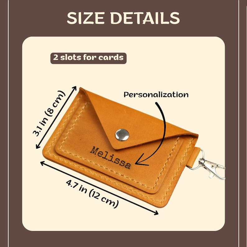 May include: A tan leather card holder with the name "Melissa" engraved. It has two card slots and measures 4.7 inches (12 cm) wide and 3.1 inches (8 cm) high. Includes a metal clasp and the text "Personalization".