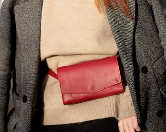 Leder Gürteltasche : Kleine Handy Umhängetasche, Rote Damen Bauchtasche