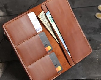 Portefeuille long et mince en cuir : portefeuille pour cartes et espèces fait main pour homme