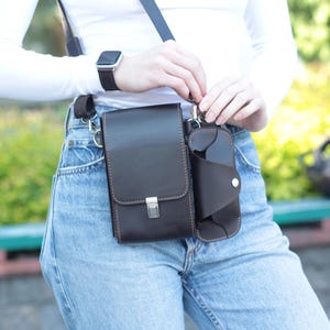 Leather Phone Crossbody Bag with Glasses Case Handmade Cell Phone Purse