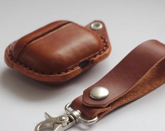 Leather AirPods Case: Brown Monogrammed Airpod Cover with Strap Personalized, Mother's Day Gift