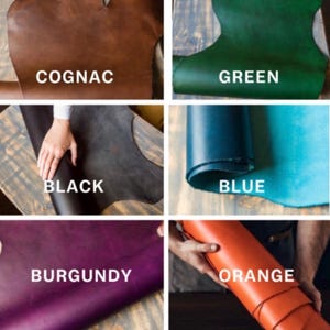 May include: Five leather swatches in different colors: cognac, green, black, blue, and burgundy. The swatches are arranged in a grid pattern on a wooden surface.