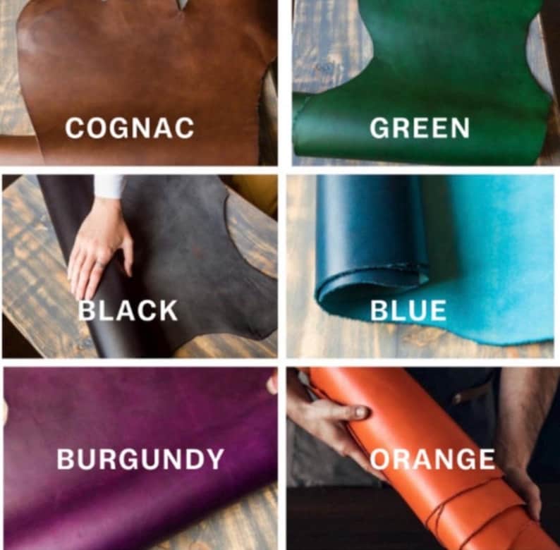 May include: Five leather swatches in different colors: cognac, green, black, blue, and burgundy. The swatches are arranged in a grid pattern on a wooden surface.