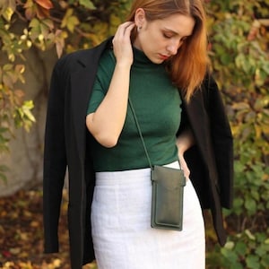 Soft Leather Phone Bag: Green Crossbody Brown Purse, Minimalist Phone Pouch