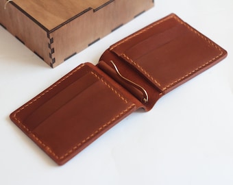 Handmade Brown Leather Money Clip Wallet: Personalized Bifold Design