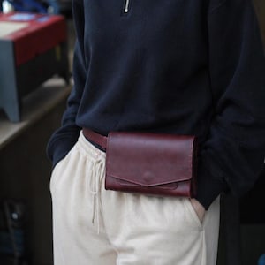 Burgundy Leather Belt Bag: Crossbody Phone Pouch, Minimalist Small Fanny Pack