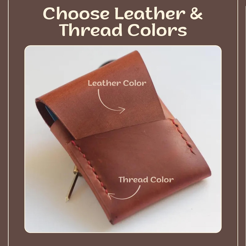 May include: A handmade leather wallet in shades of brown, with red stitching. The image includes the text "Choose Leather & Thread Colors" and arrows pointing to "Leather Color" and "Thread Color", indicating customization options.