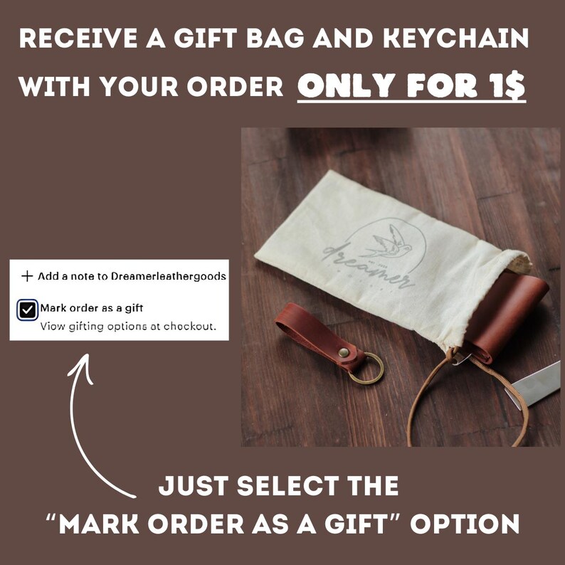 May include: An image featuring a beige gift bag with a bird logo and the word "dreamer", a brown leather keychain, and a brown leather wallet. Text reads "RECEIVE A GIFT BAG AND KEYCHAIN WITH YOUR ORDER ONLY FOR 1$".