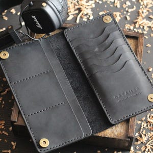 Cartera de cuero larga y delgada, hecha a mano, fina, para hombres y mujeres, elegante cartera minimalista, cartera de cuero personalizada, regalo para él o ella