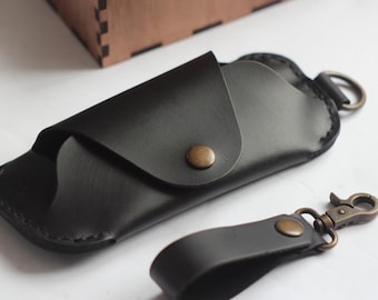 Black Leather Glasses Case, Handmade Crazy Horse Leather, Keychain