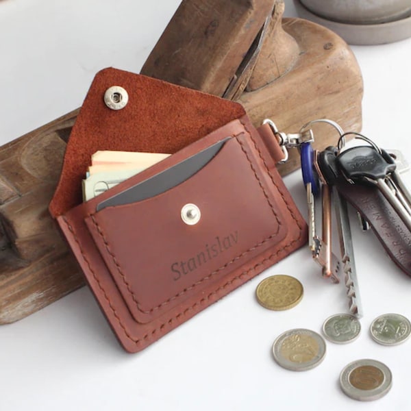 Personalized Leather Keychain Wallet: Slim Card Holder Coin Purse