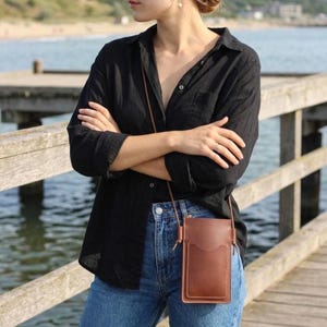 Leather Phone Bag: Brown Crossbody Purse, Minimalist Neck Phone Pouch