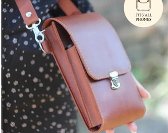 Leather Crossbody Cell Phone Bag: Mini Messenger Purse, Brown Minimalist Pouch