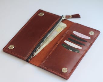 Portefeuille long fait main Crazy Horse Leather : organiseur mince à deux volets