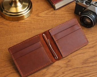 Leren geldclip: dunne leren portemonnee, minimalistische kaarthouder