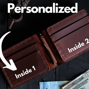 May include: A brown leather wallet with two card slots on each side. The wallet is open and the inside of each side is labeled "Inside 1" and "Inside 2".