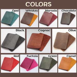 May include: A color chart displaying leather swatches in various shades. The swatches are rectangular and arranged in rows and columns. Colors include Opal, Whiskey, Marsala, Chocolate, Black, Cognac, Olive, Red, Fuchsia, Green, and Camel. The word "COLORS" is at the top.