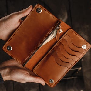 Cartera larga de cuero hecha a mano, billetera delgada de diseñador para mujer, elegante billetera de cuero para hombre, tarjetero, regalo de cuero personalizado y elegante para él.