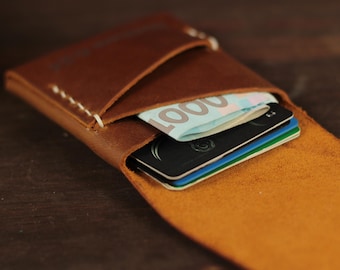 Personalized Leather Card Wallet: Slim Brown Minimalist Wallet, Gift for Dad