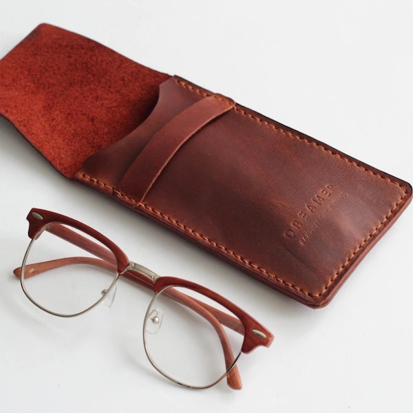 Leather Glasses Case: Brown Slim Eyeglass Pouch, Handmade Sleeve Custom