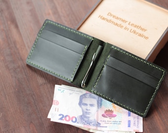 Bifold Wallet Money Clips Leather Wallet Gift For Him GreennCredit Card Holder Money Holder Coin Purse Card Case Personalized Wallet